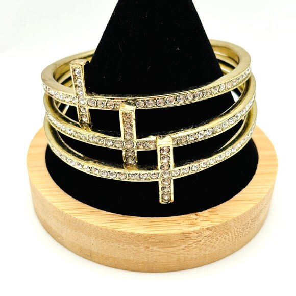 Set of 3 Gold Tone Cross Bangles Rhinestone Crystal Stackable Bracelets Religiou - Picture 1 of 5